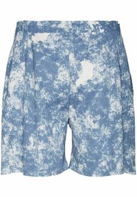 Shorts bleus avec un tissu texturé arborant un motif blanc ressemblant à des nuages, une taille élastique et une coupe décontractée avec des poches latérales.