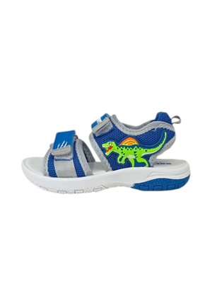 Sandali blu per bambini con cinturini grigi, caratterizzati da un design con dinosauro verde, suola in gomma testurizzata e chiusure in Velcro per una vestibilità regolabile.