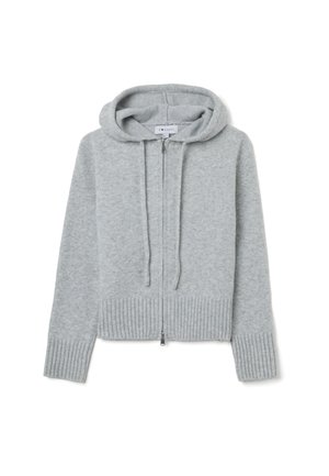 Sudadera con capucha gris con cremallera, hecha de tela suave. Cuenta con capucha ajustable con cordón, puños y dobladillo acanalados, con textura lisa y diseño sencillo.