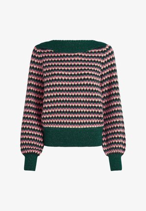 Strickpullover mit grünem Rippkragen und -bündchen. Verfügt über ein mehrfarbiges Muster aus rosa, weiß und dunkelgrünen Rauten.