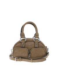 Sac à main en cuir tan avec double anse, deux poches zippées à l'avant et une bandoulière amovible. Quincaillerie en argent et finition texturée.