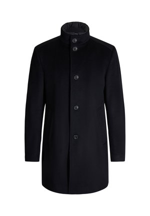 Czarny wełniany płaszcz z wysokim kołnierzem, zapięciem na pięć guzików, bocznymi kieszeniami i prostym krojem. Gładka tekstura i prosta elegancja.