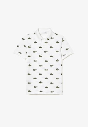 Polo blanc à manches courtes avec petits logos crocodile verts partout et col boutonné.