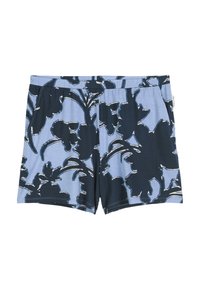 Lichtblauwe shorts met grote donkerblauwe bloemenprint en zijzakken, vlakke tailleband en een klein wit merklabel aan de rechterkant.