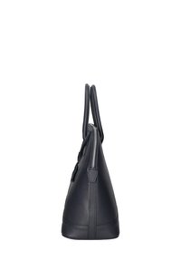 Borsa a mano in pelle blu navy con design strutturato, doppi manici, chiusura con zip e superficie testurizzata. Forma slanciata e angolare con base piatta.