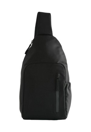 Black single-strap sling backpack with front zippered pocket and side elastic pocket, designed for casual or urban use.