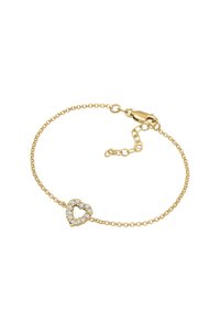 Bracelet en chaîne en or avec un charm en forme de cœur orné de pierres transparentes, alliant un design délicat à une finition brillante.