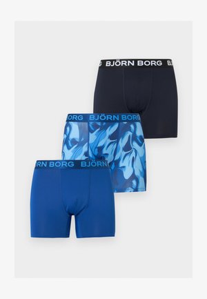 Tri pánske boxerky v čiernej, jednoliatej modrej a modrý mramorový vzor, každé s pásom s logom Björn Borg.
