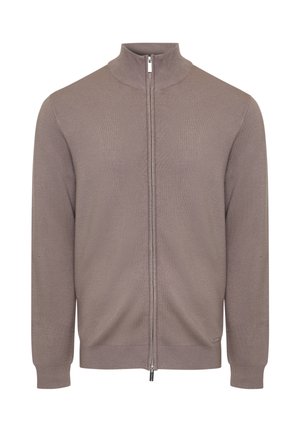 Šedý pletený svetr na zip s vysokým límcem, žebrovanými manžetami a rovný lem. Má přední zip a malou značenou štítek na straně.