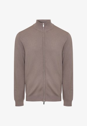 Šedý pletený svetr na zip s vysokým límcem, žebrovanými manžetami a rovný lem. Má přední zip a malou značenou štítek na straně.