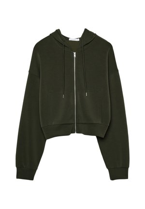 Felpa zip con cappuccio di colore verde scuro. Presenta un cappuccio, tasche frontali e maniche lunghe con polsini a costine. Realizzata in un morbido tessuto testurizzato.