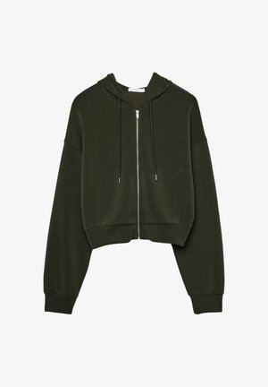 Cropped, zip-up hoodie in dark green. Features a hood, front pockets, and long sleeves with ribbed cuffs. Made of soft, textured fabric.