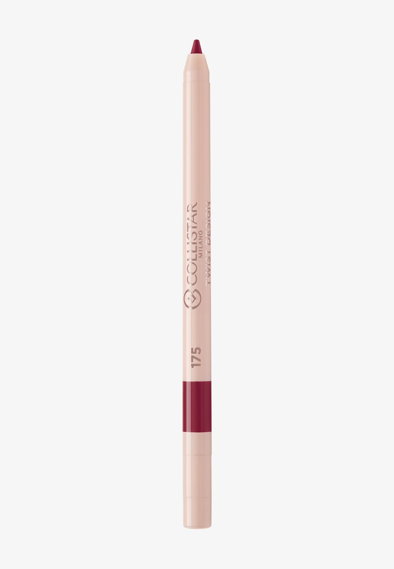 Crayon contour des lèvres Collistar en forme de crayon rétractable. Corps rose clair avec une pointe rouge foncé. Présente la marque et le numéro de teinte 175 sur le corps.