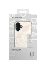 iPhone 16 Plus deksel med et design i rosepearl marmor; glatt, blank overflate; har dual kamera utskjæring og beskyttende kant.