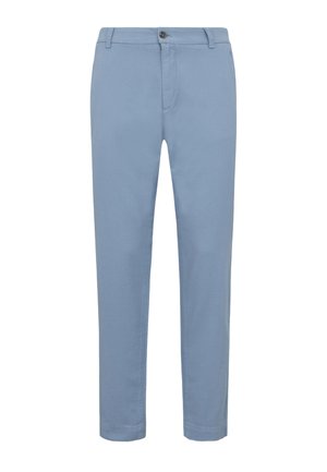 Pantaloni da uomo azzurri a taglio slim con passanti per cintura, chiusura frontale con bottone e cerniera.