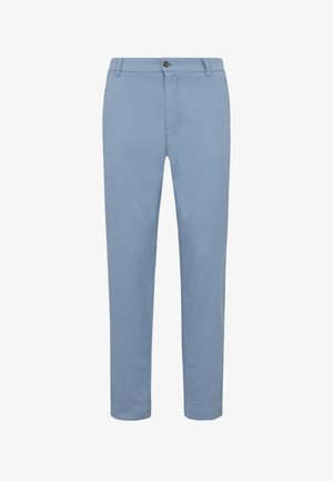 Pantaloni da uomo azzurri a taglio slim con passanti per cintura, chiusura frontale con bottone e cerniera.