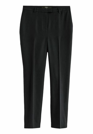 Pantalon noir ajusté et cintré, avec passants pour ceinture et poches avant, présenté à plat sur un fond blanc.