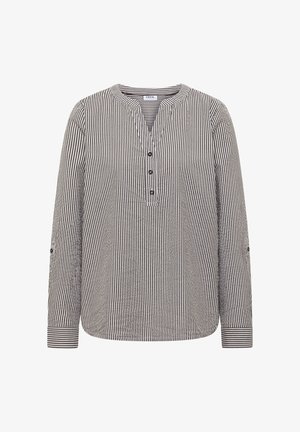 Czarna i biała bluzka z długim rękawem w pionowe paski, z okrągłym kołnierzem, trzema guzikami z przodu oraz mankietami przy rękawach.