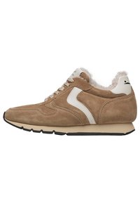 Light brown suede sneaker with a white leather accent and warm, fluffy lining. Features a rounded toe and black rubber sole.