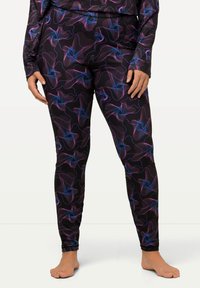 Leggings neri con un motivo a onde colorate in viola e blu. Realizzati in un tessuto elastico con una texture liscia. Design aderente.