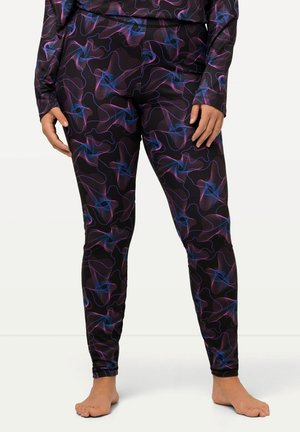 Zwarte legging met een kleurrijk golfpatroon in paars en blauw. Gemaakt van een flexibele stof met een gladde textuur. Strak design.