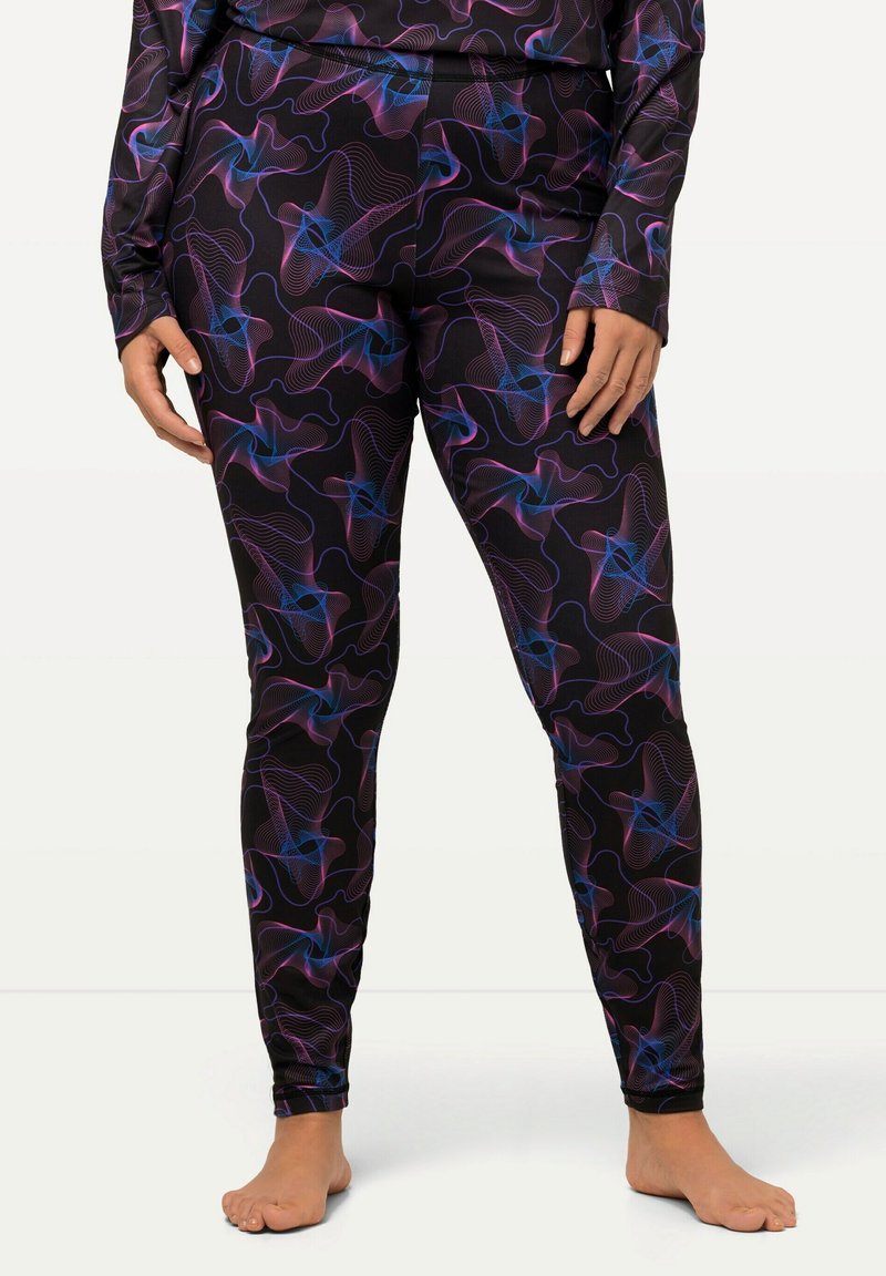 Leggings neri con un motivo a onde colorate in viola e blu. Realizzati in un tessuto elastico con una texture liscia. Design aderente.