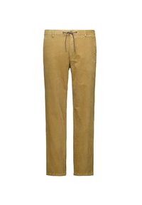 Beige Cord-Hosen mit geradem Bein, Kordelzugbund und vorderen Gürtelschlaufen. Strukturiertes Material mit weichem Finish.