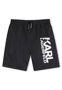 Μαύρο μαγιό σορτς με ελαστική μέση και κορδόνι, με μεγάλο λευκό λογότυπο "KARL LAGERFELD" στην αριστερή πλευρά.