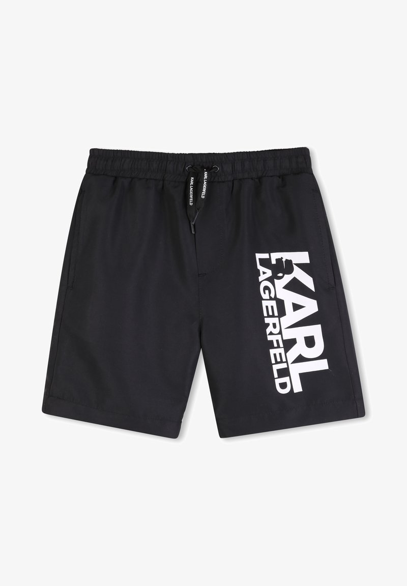 Μαύρο μαγιό σορτς με ελαστική μέση και κορδόνι, με μεγάλο λευκό λογότυπο "KARL LAGERFELD" στην αριστερή πλευρά.