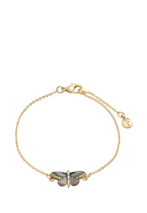 Gold chain bracelet featuring a detailed blue and gold butterfly centerpiece. Includes a clasp and a small branded charm.