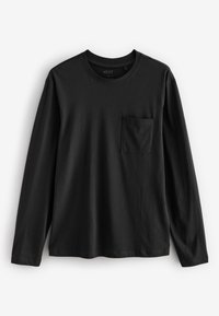 Fekete, hosszú ujjú, kerek nyakú ing bal oldali mellzsebbel, puha anyagból, fehér háttéren bemutatva.