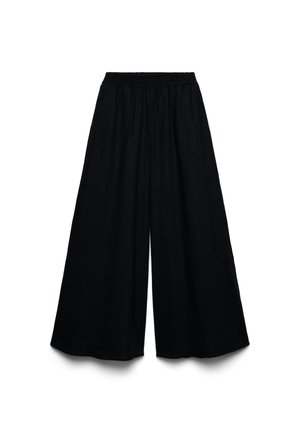 Pantaloni neri a gamba larga con vita elasticizzata e vestibilità ampia, mostrati su sfondo bianco.