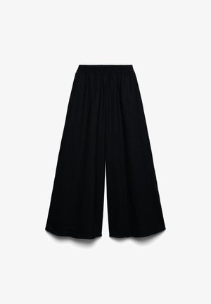 Pantaloni neri a gamba larga con vita elasticizzata e vestibilità ampia, mostrati su sfondo bianco.