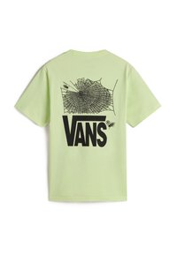 Světlezelené bavlněné tričko s grafickým motivem černé pavučiny a včel na zádech, přičemž logo "VANS" je výrazně zobrazeno.