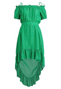 Vihreä olkaimeton mekko, jossa on teksturoitu kuvio, elastinen vyötärö ja korkeasta matalaan hem-linja, jossa on röyhelökoristeet. Kevyt kangas.