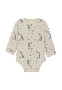 Beige babybody med långa ärmar, med ett mönster av blå björnar och kvistar. Mjuk tyg med en slät textur och en klassisk rund halsringning.