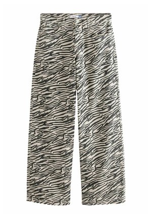 Pantalon à jambes larges avec motif zèbre noir et blanc, avec poches avant et fermeture à boutons.