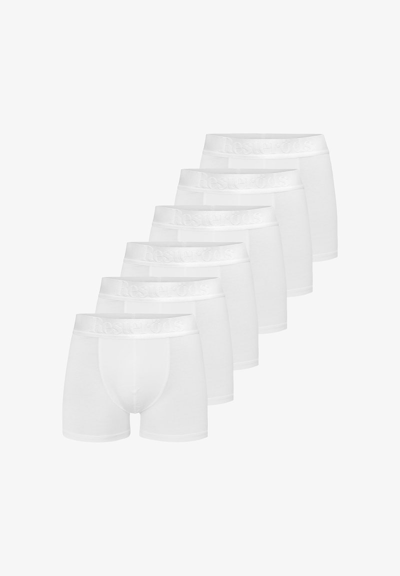 Hvide bomulds boxershorts med en strækbar elastik i taljen, der har det præget "Resteröds" logo. Seks par vist i rækkefølge.