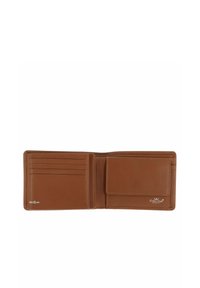 Portefeuille bifold en cuir marron ouvert montrant quatre emplacements pour cartes à gauche et une poche à monnaies à droite avec un petit logo de la marque.