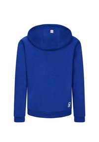Felpa blu con cappuccio tondo, polsini e orlo a coste. Presenta un piccolo logo sul lato destro in basso, realizzata in un morbido tessuto testurizzato.
