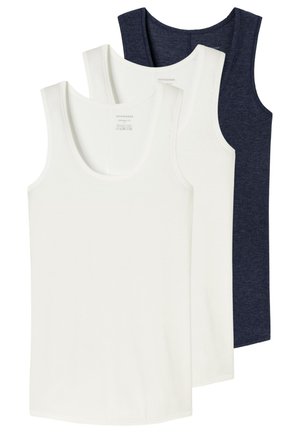 Trzy gładkie, bezrękawnikowe topy ułożone na sobie, dwa białe z przodu i jeden ciemnoniebieski z tyłu, na białym tle.