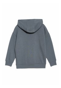 Sudadera gris con capucha, de textura suave, de mangas largas y con un corte relajado. Presenta puños y dobladillo acanalados, con un diseño sencillo y sin adornos.