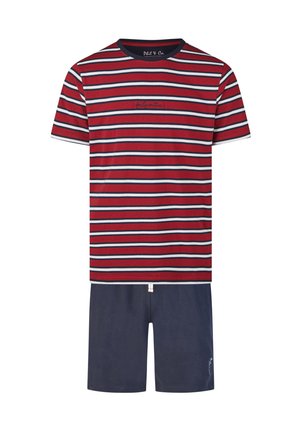 Men's short-sleeve red, white, and navy striped T-shirt with navy shorts, casual matching two-piece set.
