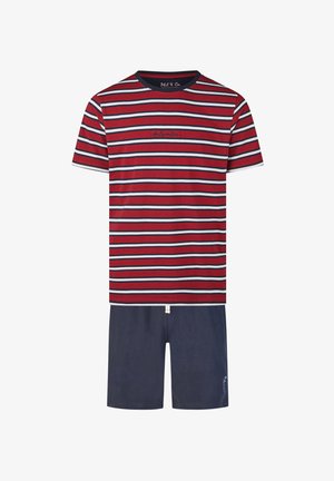 Ensemble décontracté pour homme composé d'un T-shirt à manches courtes rayé rouge, blanc et marine, associé à un short marine.