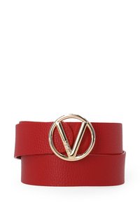 Czerwony skórzany pasek z teksturowanym wykończeniem, z okrągłą złotą klamrą z logo "V". Regulowana długość z gładkim spodem.