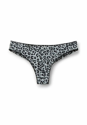 String léopard en gris clair avec des taches noires. Doté d'une taille élastique noire et d'une texture douce et lisse.