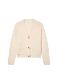 Kremowy kardigan wykonany z miękkiego materiału, z dekoltem w serek, czterema guzikami i dwiema przednimi kieszeniami. Teksturowane wykończenie i krótki krój.
