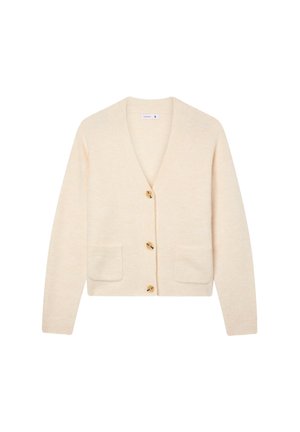 Kremowy kardigan wykonany z miękkiego materiału, z dekoltem w serek, czterema guzikami i dwiema przednimi kieszeniami. Teksturowane wykończenie i krótki krój.