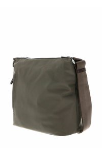 Borsa a tracolla verde oliva realizzata in materiale sintetico liscio, con una tracolla regolabile marrone e una chiusura con zip sulla parte superiore.