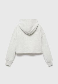 Gekürzter grauer Hoodie aus weichem Material, mit Kapuze, langen Ärmeln und bedrucktem Text auf der Rückseite. Der Text ist in einer kontrastierenden Farbe.